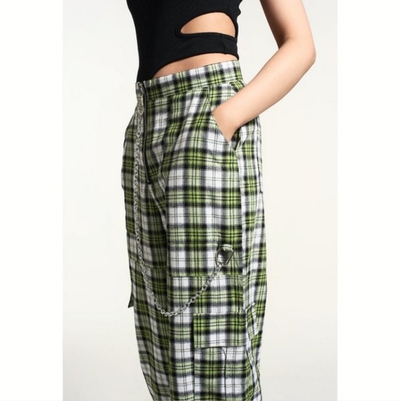 The Ragged Priest Green Plaid Cargo Combat Cotton Pants Size Medium - Picture 5 of 9